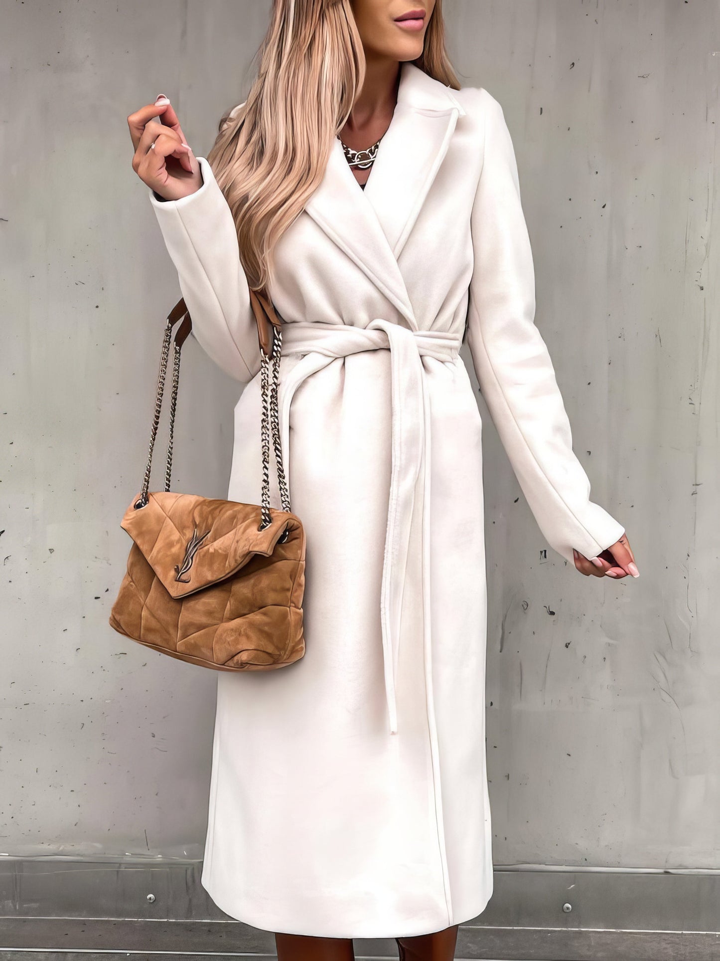 Coats - Simple Lapel Belted Long Sleeve Woolen Coat - MsDressly