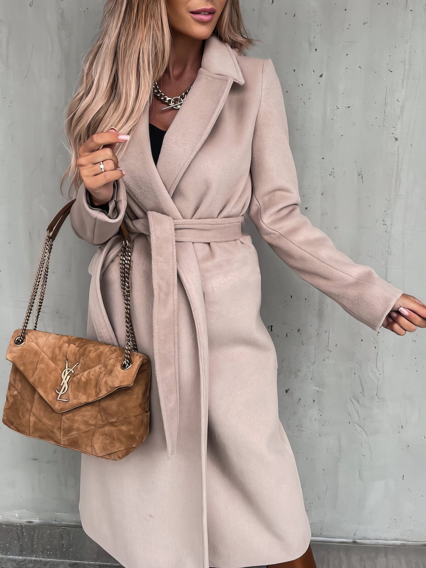 Coats - Simple Lapel Belted Long Sleeve Woolen Coat - MsDressly