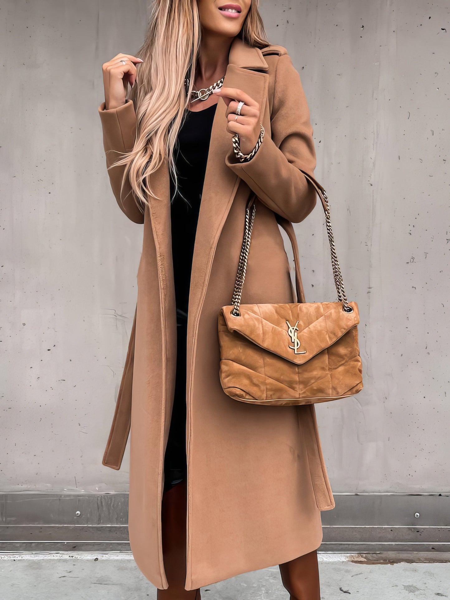 Coats - Simple Lapel Belted Long Sleeve Woolen Coat - MsDressly