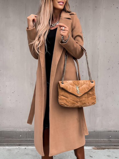 Coats - Simple Lapel Belted Long Sleeve Woolen Coat - MsDressly