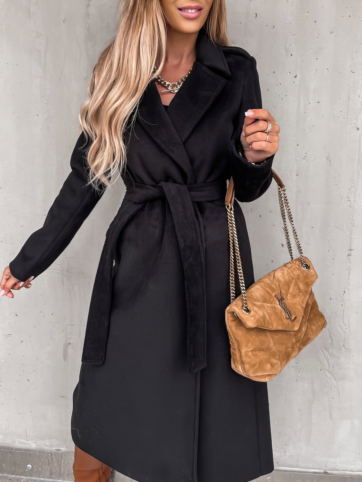 Coats - Simple Lapel Belted Long Sleeve Woolen Coat - MsDressly