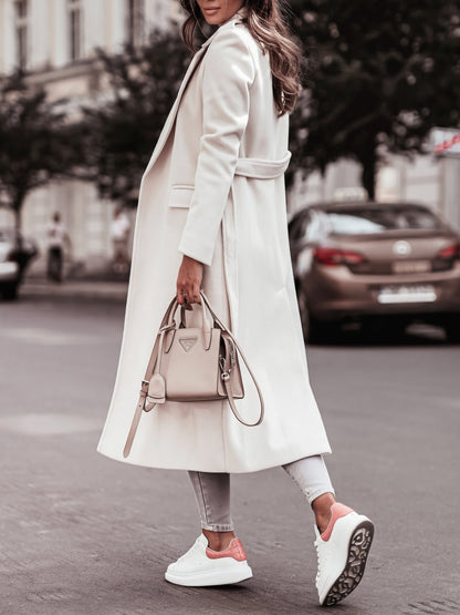 Coats - Simple Long Sleeve V-Neck Tie Woolen Coat - MsDressly