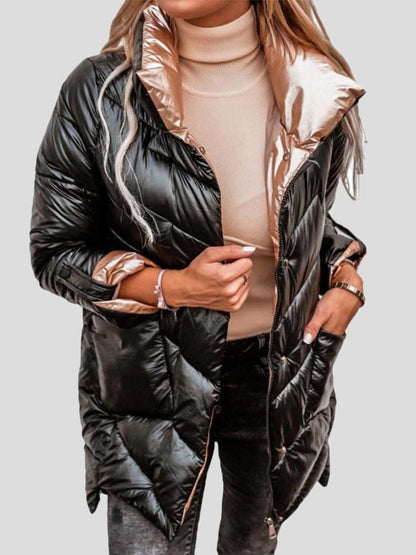 Solid Glossy Stand-Up Collar Zipper Cotton Coat