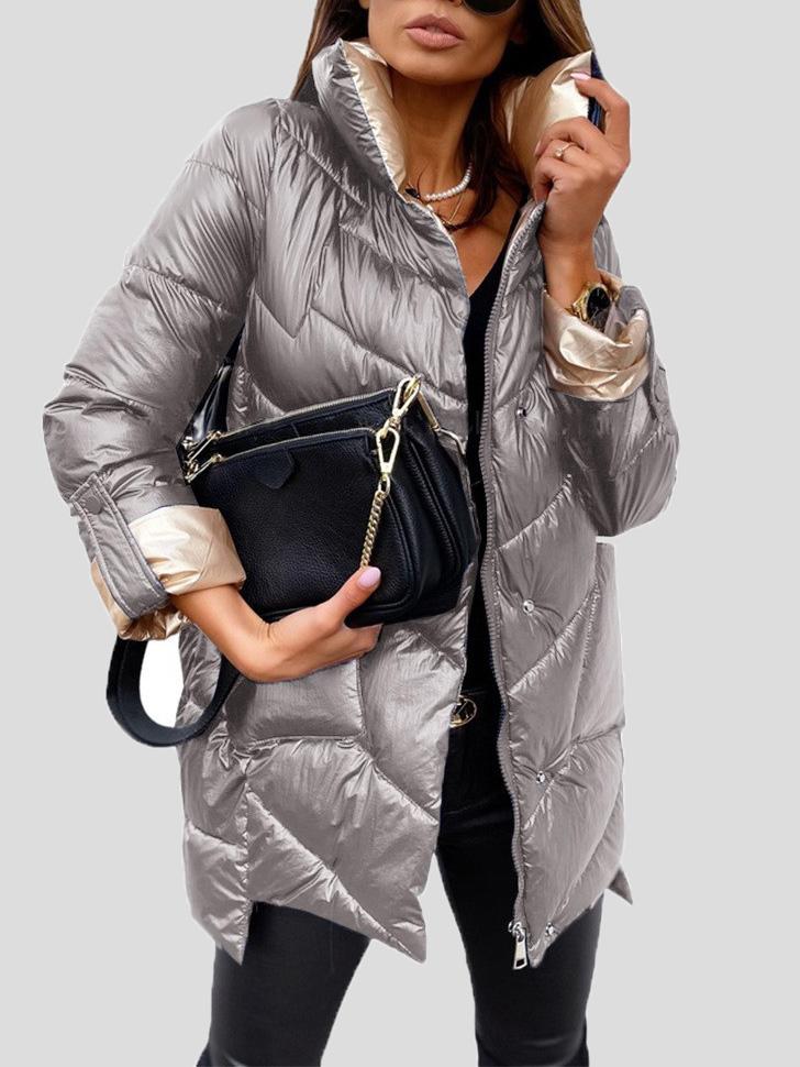 Solid Glossy Stand-Up Collar Zipper Cotton Coat