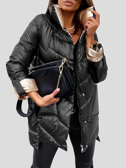 Coats - Solid Glossy Stand-Up Collar Zipper Cotton Coat - MsDressly