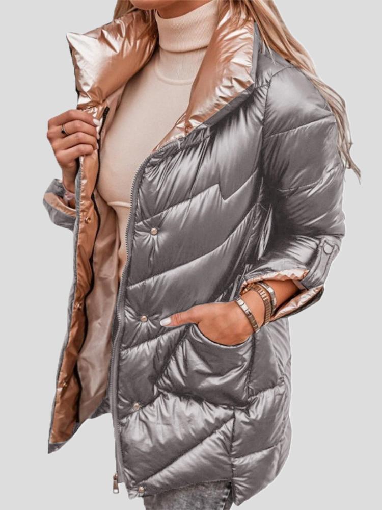 Coats - Solid Glossy Stand-Up Collar Zipper Cotton Coat - MsDressly