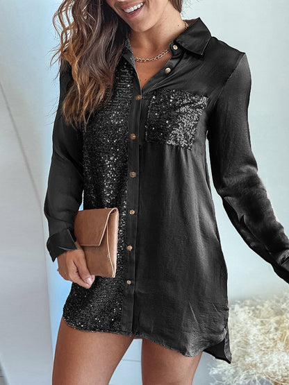Mini Dresses - Women's Dresses Button Sequin Panel Long Sleeve Shirt Dress - MsDressly