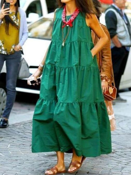 Maxi Dresses - Casual Crew Neck Sleeveless Dress - MsDressly