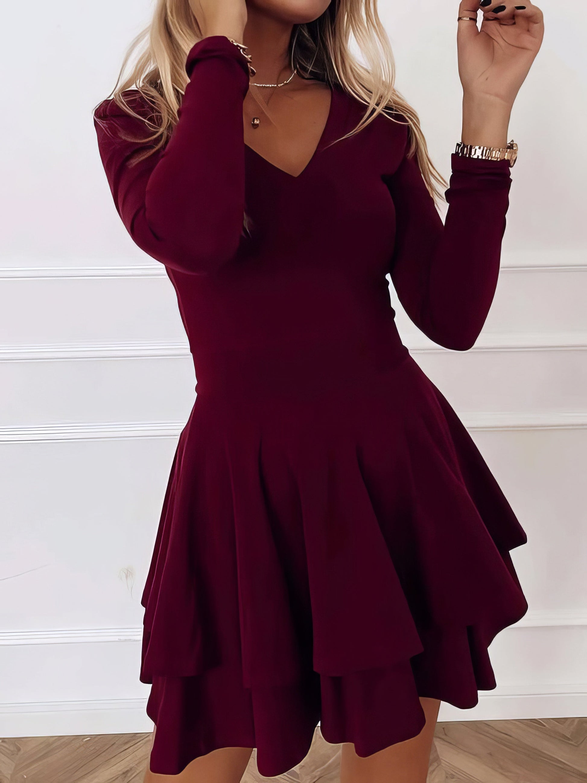 Mini Dresses - Casual V-Neck Long Sleeve Commuter Dress - MsDressly