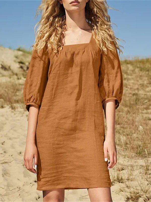 Mini Dresses - Cotton Linen Loose Casual Half Sleeve Mini Dress - MsDressly