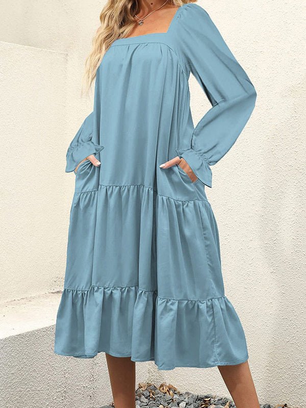 Elegant Square Neck Ruffle Midi Dress