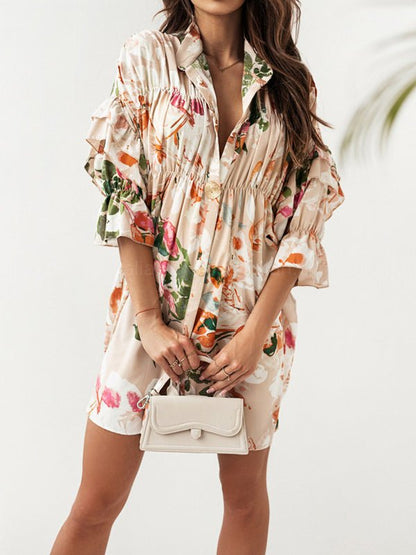 Floral Print Layered Sleeve Mini Dress