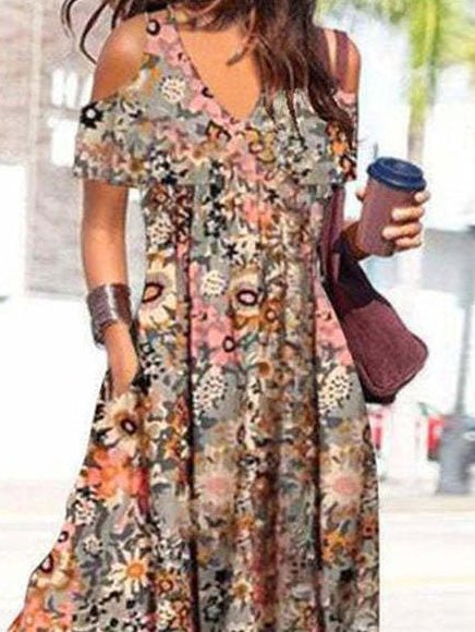 Maxi Dresses - Floral V-Neck Off-Shoulder Short Sleeve Dress - MsDressly