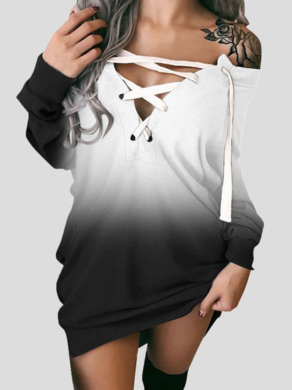 Gradient Long Sleeve Off Shoulder Tie Dress