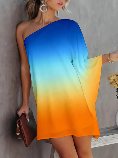 Mini Dresses - Gradient One-Shoulder Casual Dress - MsDressly