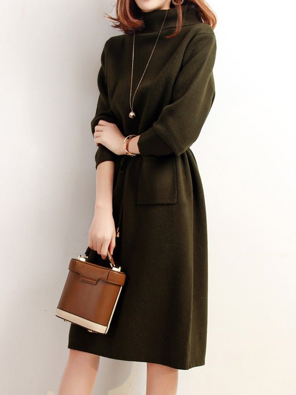 Midi Dresses - High Neck Elastic Waist Pocket Knit Dress - MsDressly