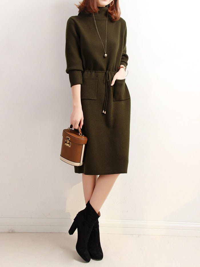 Midi Dresses - High Neck Elastic Waist Pocket Knit Dress - MsDressly