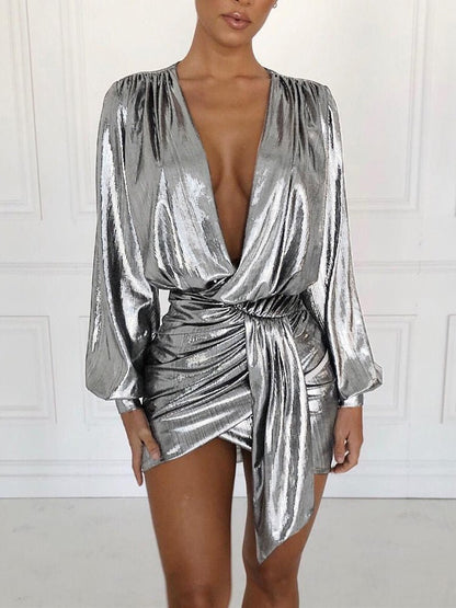 Mini Dresses - Hollow Deep V Neck Sexy Mini Dress - MsDressly