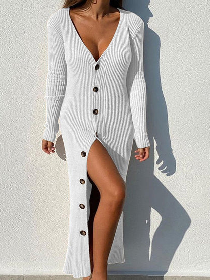 Maxi Dresses - Knitting Thread Button Long Sleeve Maxi Dress - MsDressly