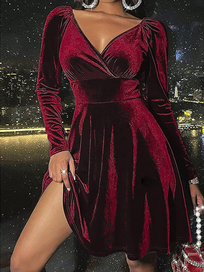 Long Sleeve V-Neck Fashionable Christmas Mini Dress