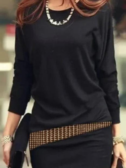 Mini Dresses - Loose Round Neck Bat Long Sleeve Dress - MsDressly