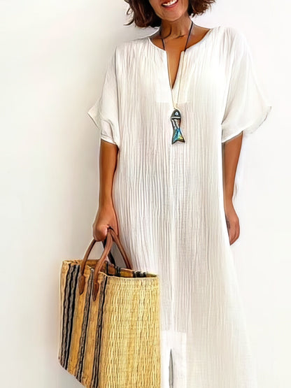 Maxi Dresses - Loose Solid Short Sleeve Slit Dress - MsDressly