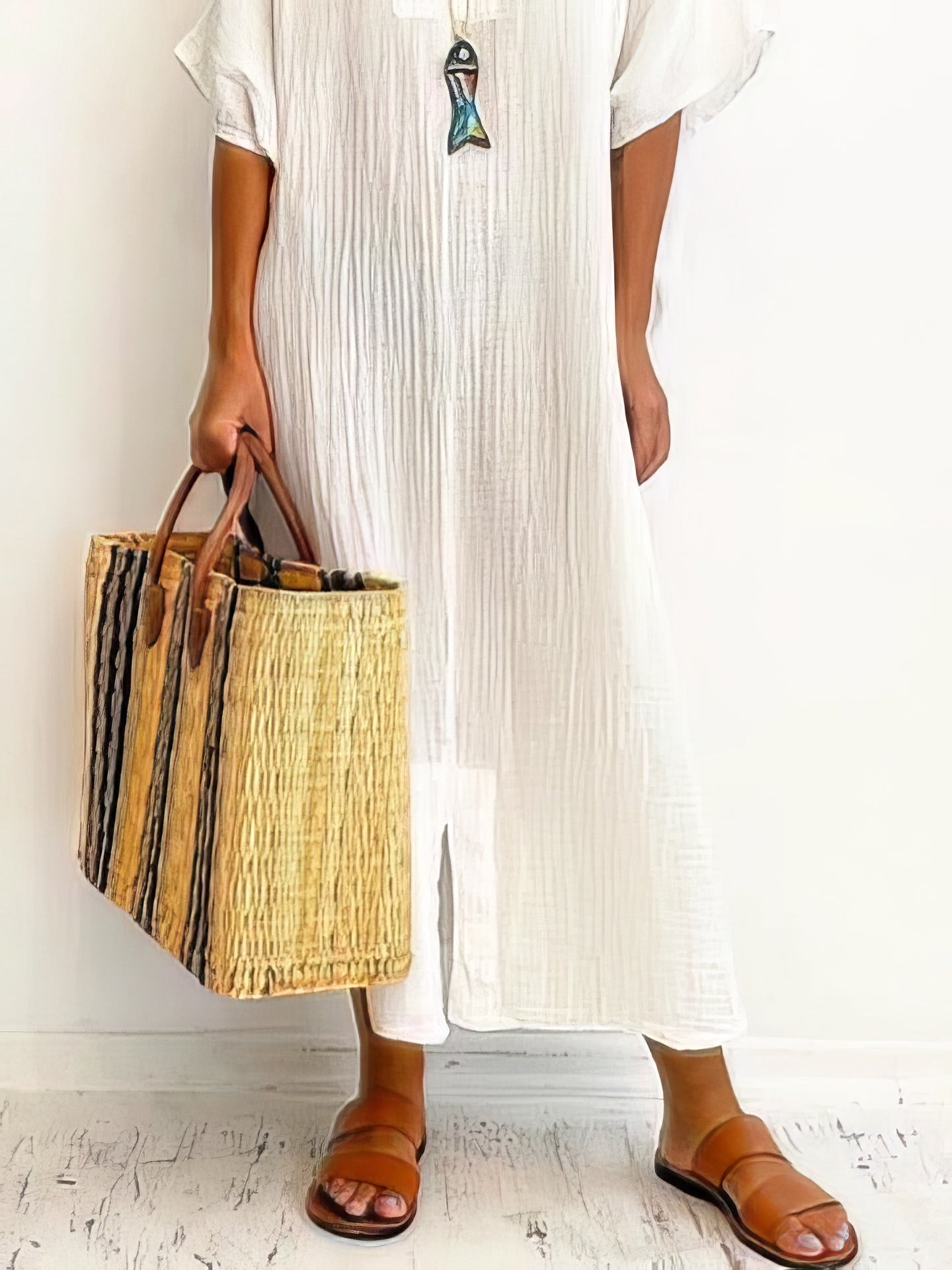 Maxi Dresses - Loose Solid Short Sleeve Slit Dress - MsDressly