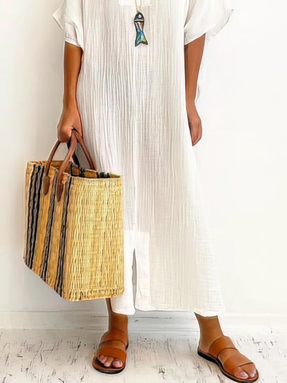 Maxi Dresses - Loose Solid Short Sleeve Slit Dress - MsDressly