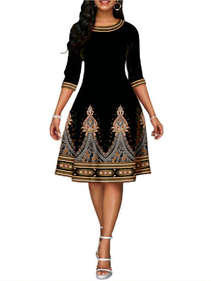 Midi Dresses - National Style Printed High Waist Mid Sleeve Midi Dress - MsDressly