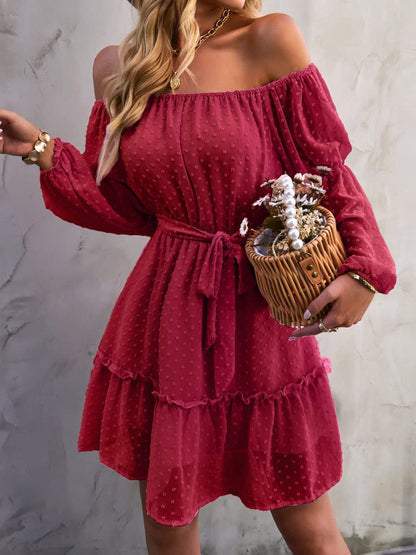 Mini Dresses - One-Shoulder Jacquard Long-Sleeve Dress - MsDressly