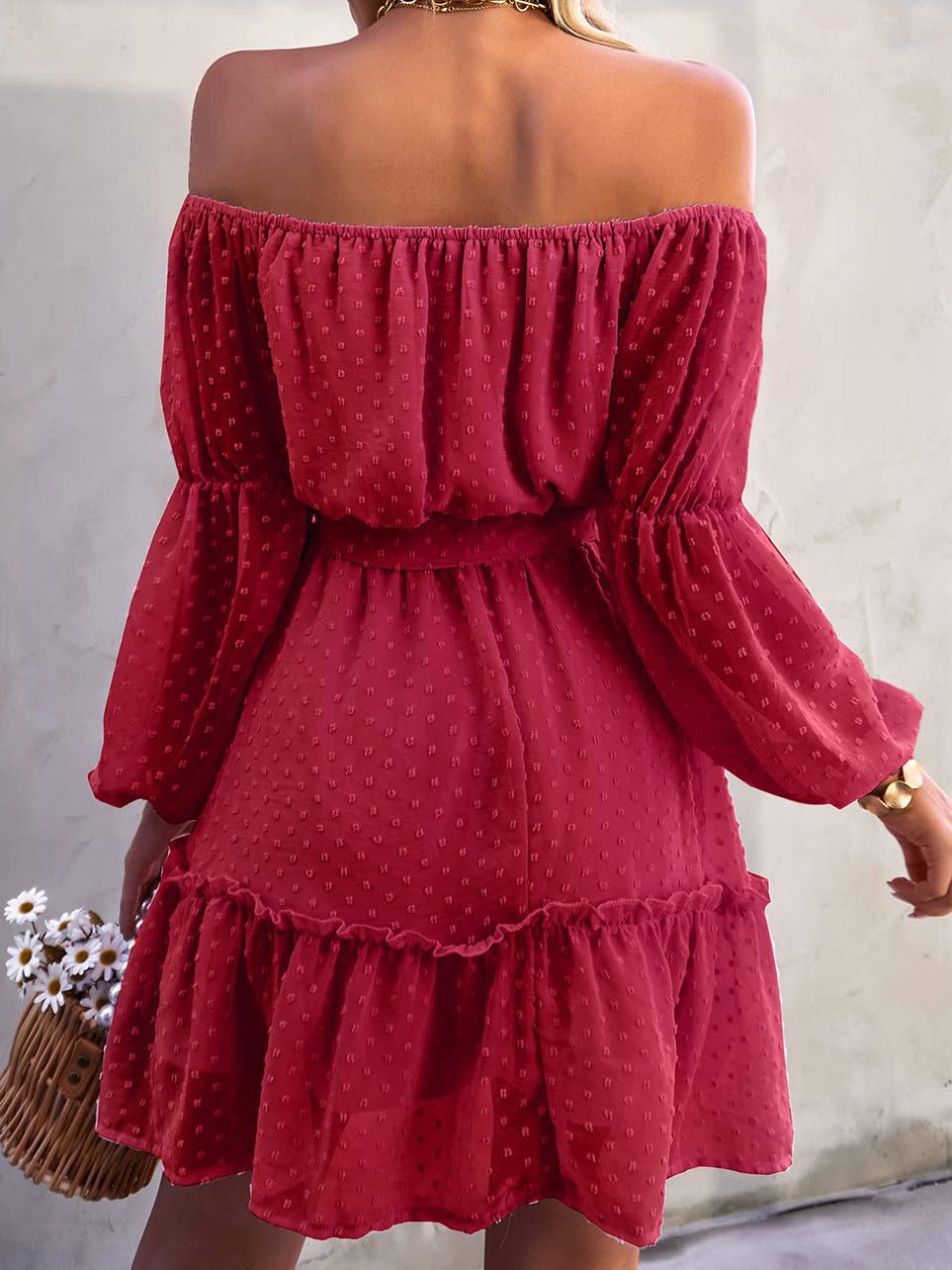 Mini Dresses - One-Shoulder Jacquard Long-Sleeve Dress - MsDressly