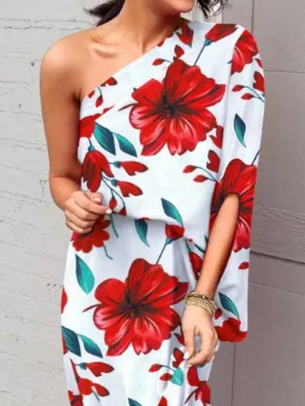 Maxi Dresses - One Shoulder Slit Print Dress - MsDressly