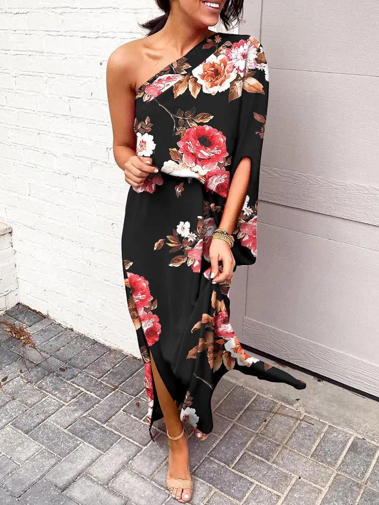 Maxi Dresses - One Shoulder Slit Print Dress - MsDressly