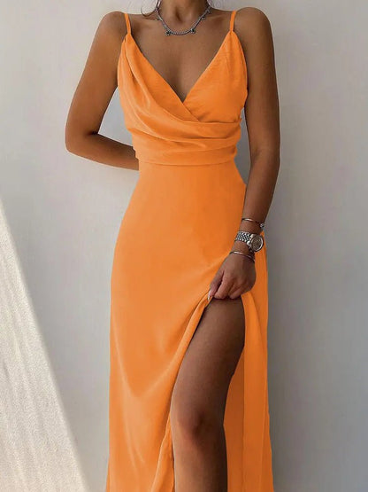 Maxi Dresses - Printed Sling V-Neck Slit Dress - MsDressly