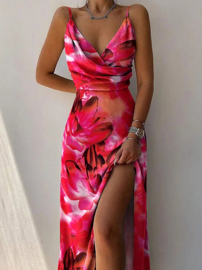 Maxi Dresses - Printed Sling V-Neck Slit Dress - MsDressly