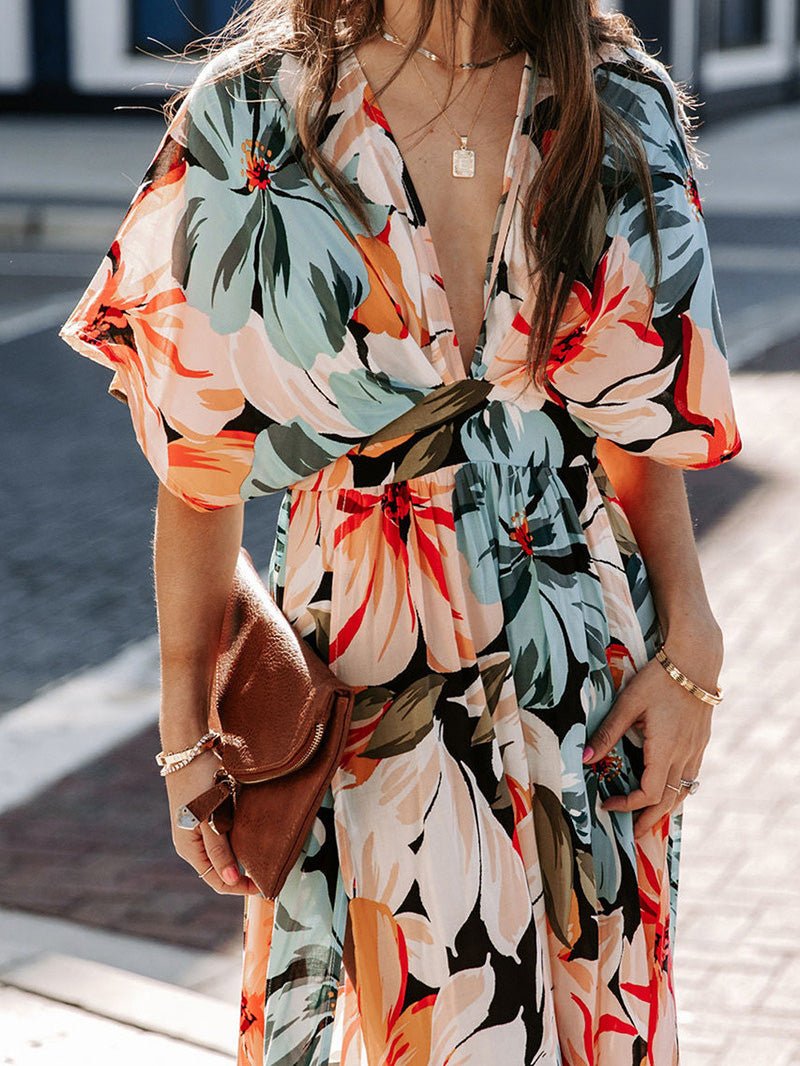 Maxi Dresses - Printed V-Neck Elastic Waist Slit Dress - MsDressly