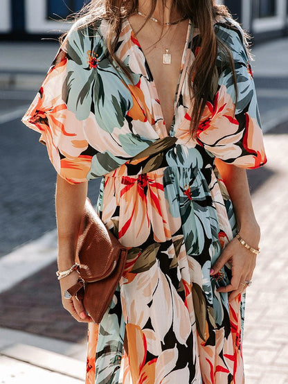 Maxi Dresses - Printed V-Neck Elastic Waist Slit Dress - MsDressly