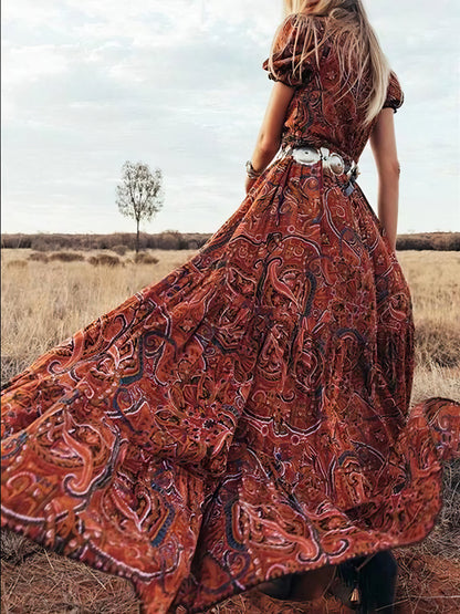 Maxi Dresses - Printed V-Neck Short Sleeve Bohemian Dress - MsDressly