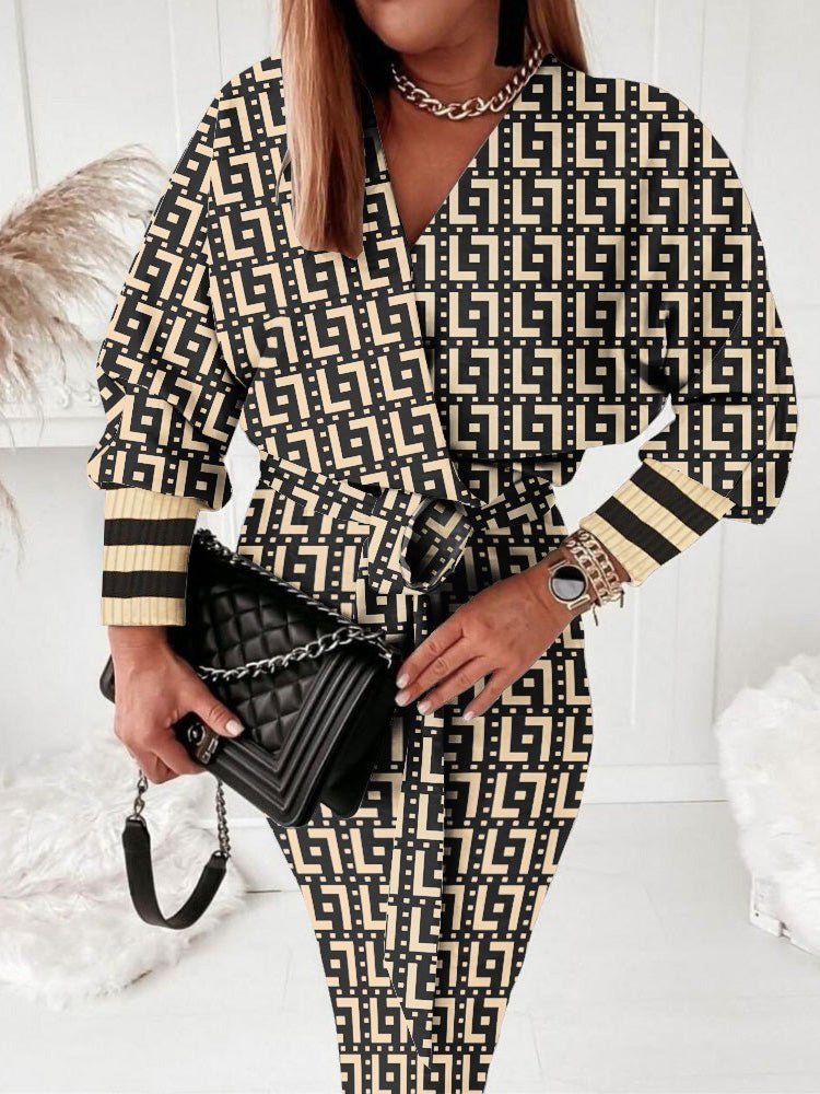 Midi Dresses - Printed V-Neck Tie Long Sleeve Dress - MsDressly