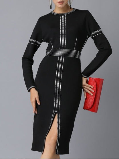 Round Neck Long Sleeve Slim Fit Slit Dress