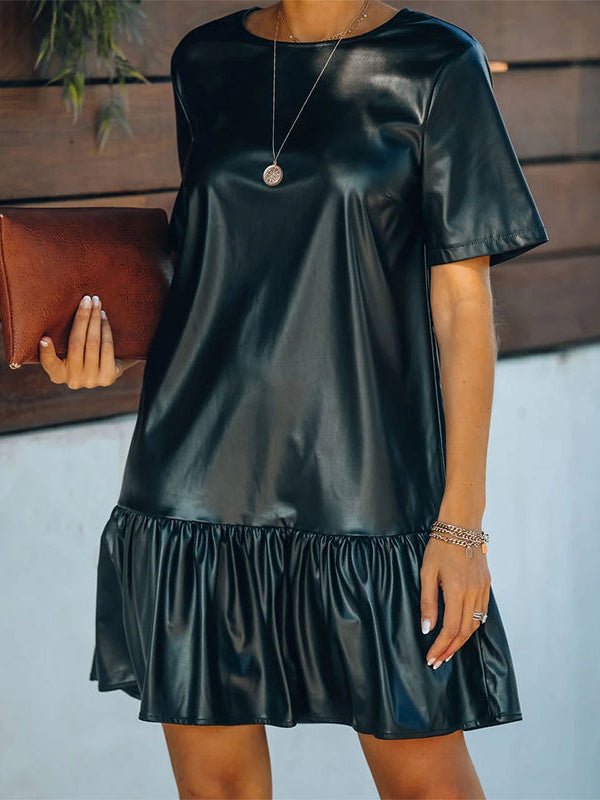 Mini Dresses - Ruffled Faux Leather Short Sleeve Mini Dress - MsDressly