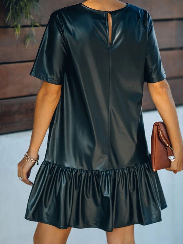 Mini Dresses - Ruffled Faux Leather Short Sleeve Mini Dress - MsDressly