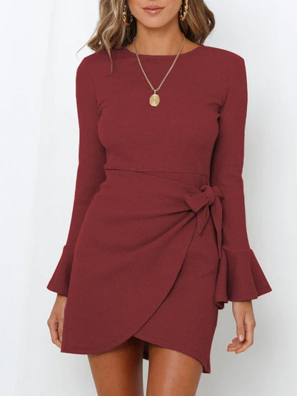 Mini Dresses - Ruffled Long Sleeve Slim Fit Mini Dress - MsDressly