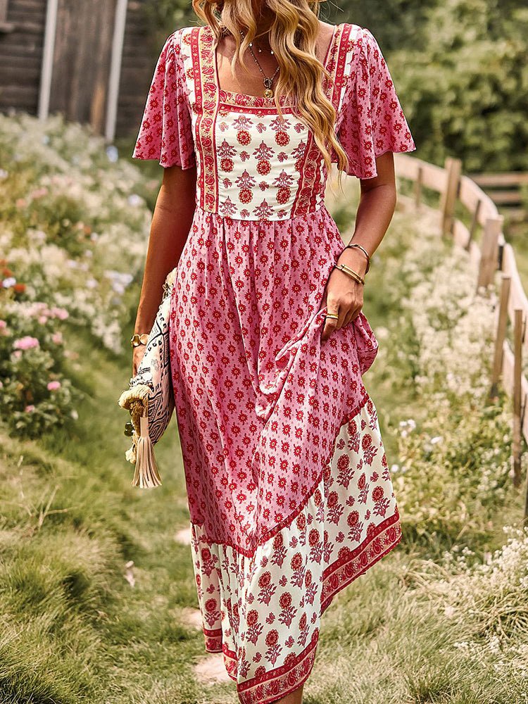 Midi Dresses - Short Sleeved Bohemian Casual Midi Dress - MsDressly