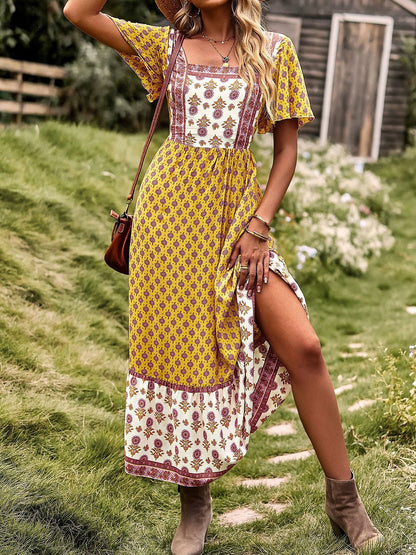 Midi Dresses - Short Sleeved Bohemian Casual Midi Dress - MsDressly