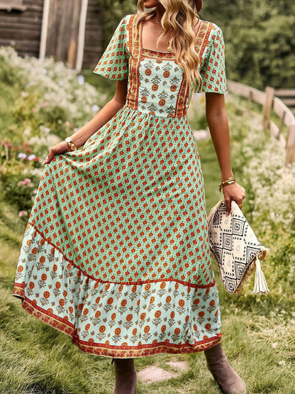 Midi Dresses - Short Sleeved Bohemian Casual Midi Dress - MsDressly