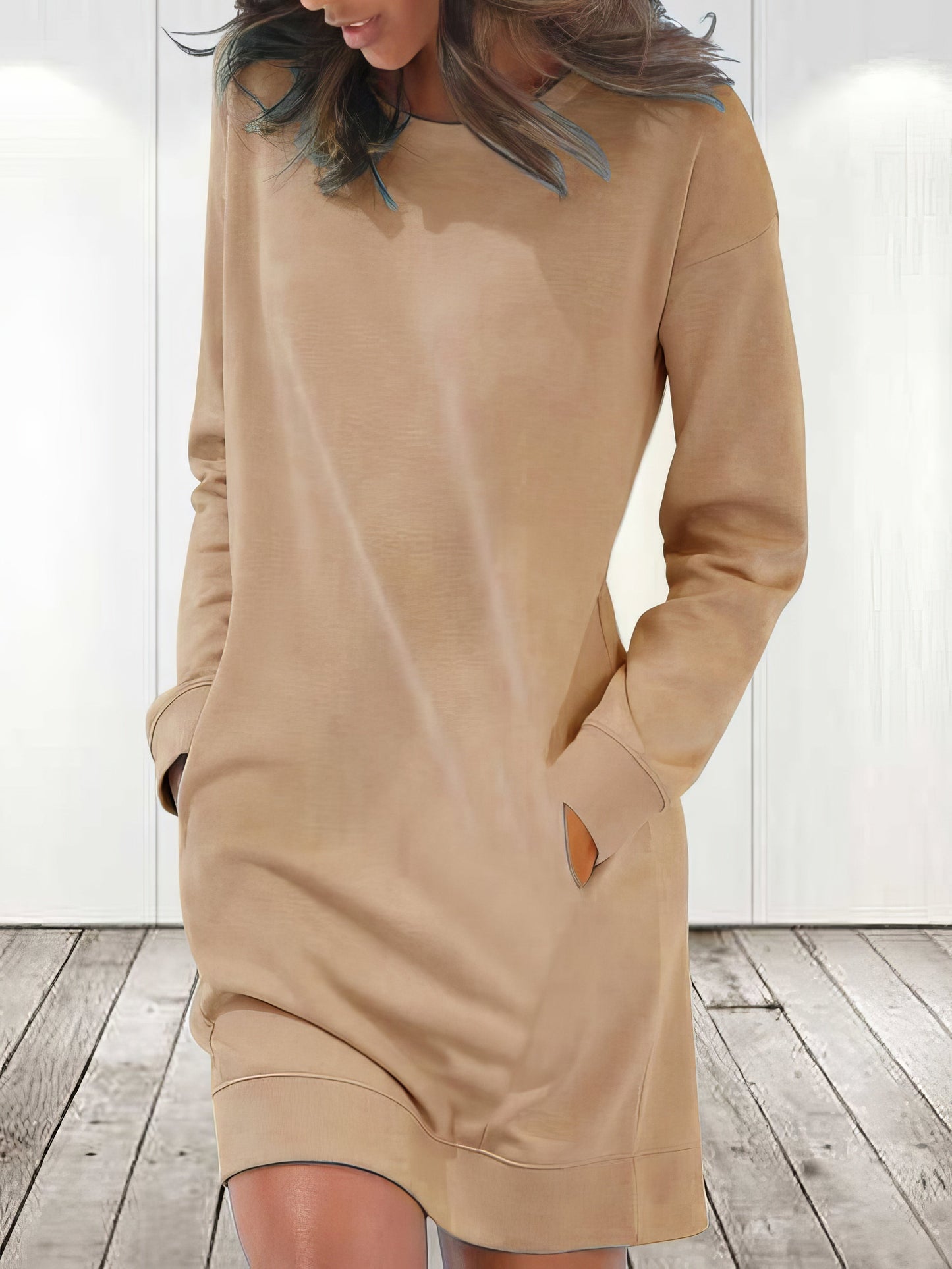 Rounded Neckline Long Sleeve Dress with Pockets
