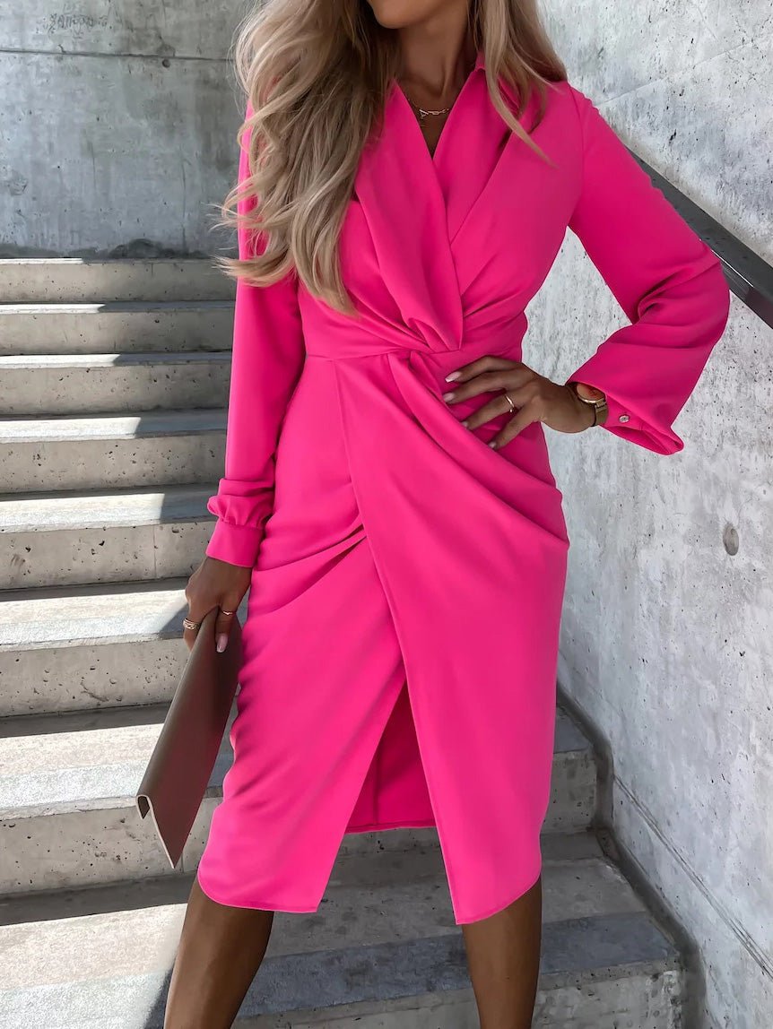 Midi Dresses - Solid Crossover Long Sleeve Slit Dress - MsDressly