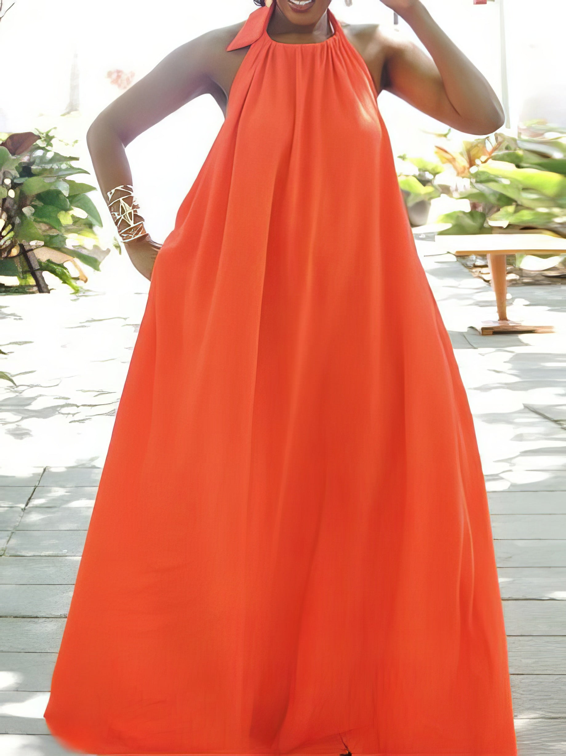 Maxi Dresses - Solid Halter Neck Open Back Sleeveless Dress - MsDressly