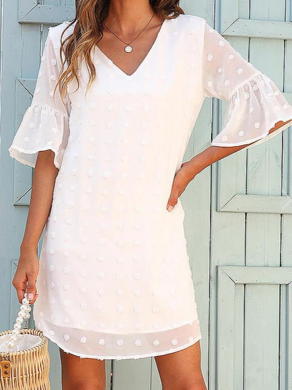 Mini Dresses - Solid Jacquard Dots Chiffon Short Sleeve Dress - MsDressly